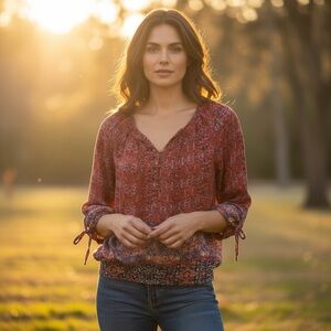 Lucky Brand Coral Red & Blue Boho Print Henley Button Flowy 3/4 Sleeve Top